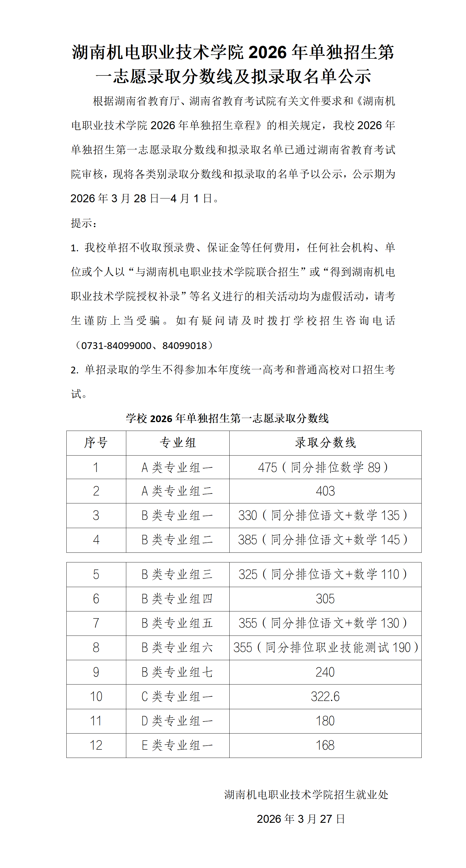 附件1：湖南机电职业技术学院2026年单独招生第一志愿录取分数线_01.png